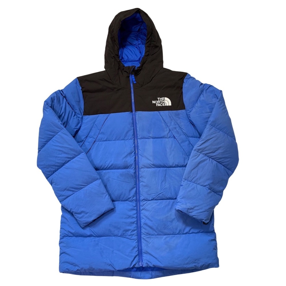 The North Face 550 Down Hooded Puffer Parka Jacket Blue Black Mens M